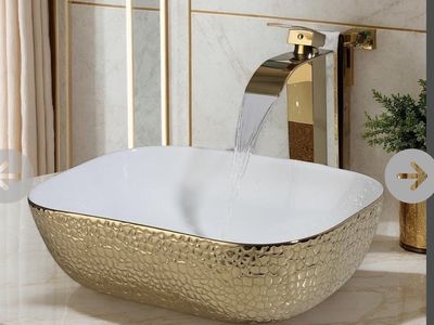 New. With Faucet Combo! Modern Gold Textured Ceramic Vessel Bathroom Sink Rectangular Vessel Basin