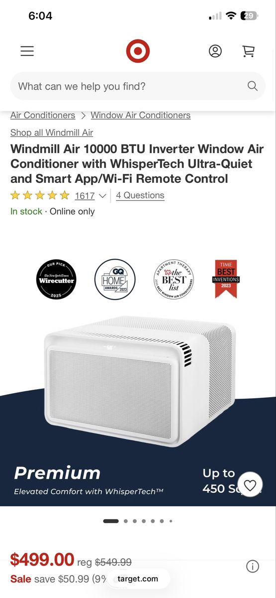 Windmill Air 10000 BTU Inverter Window AC with WhisperTech, Smart App, & Wi-Fi Remote Control