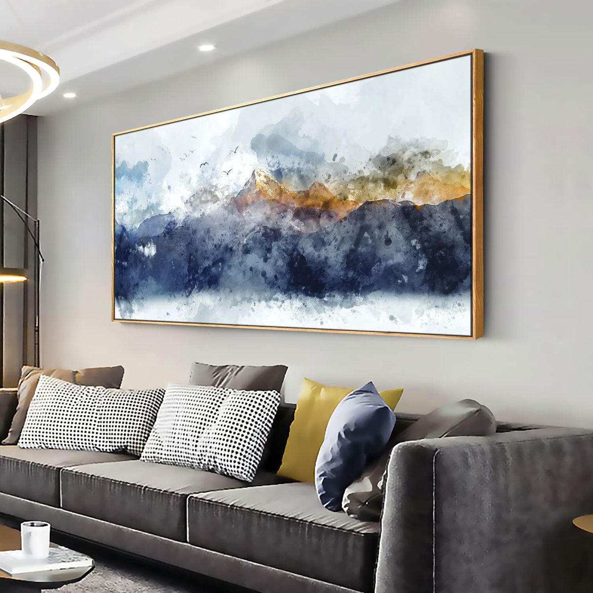 New Framed Ready to Hang Wall Art Blue Clouds Yellow Mountain Peaks Indigo Ink Abstract Mountain Landscape