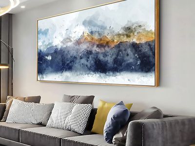 New Framed Ready to Hang Wall Art Blue Clouds Yellow Mountain Peaks Indigo Ink Abstract Mountain Landscape