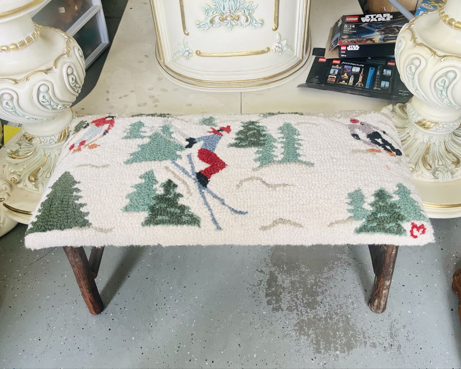 Skier Hooked Wool Top Bench and Stool