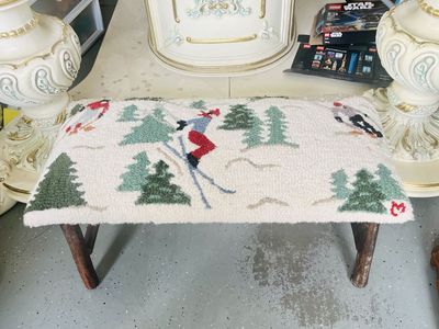 Skier Hooked Wool Top Bench and Stool