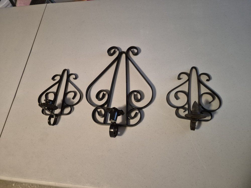 Vintage Black Wrought Iron Wall Sconce Candle Holders - Set of 3
