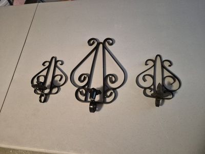 Vintage Black Wrought Iron Wall Sconce Candle Holders - Set of 3
