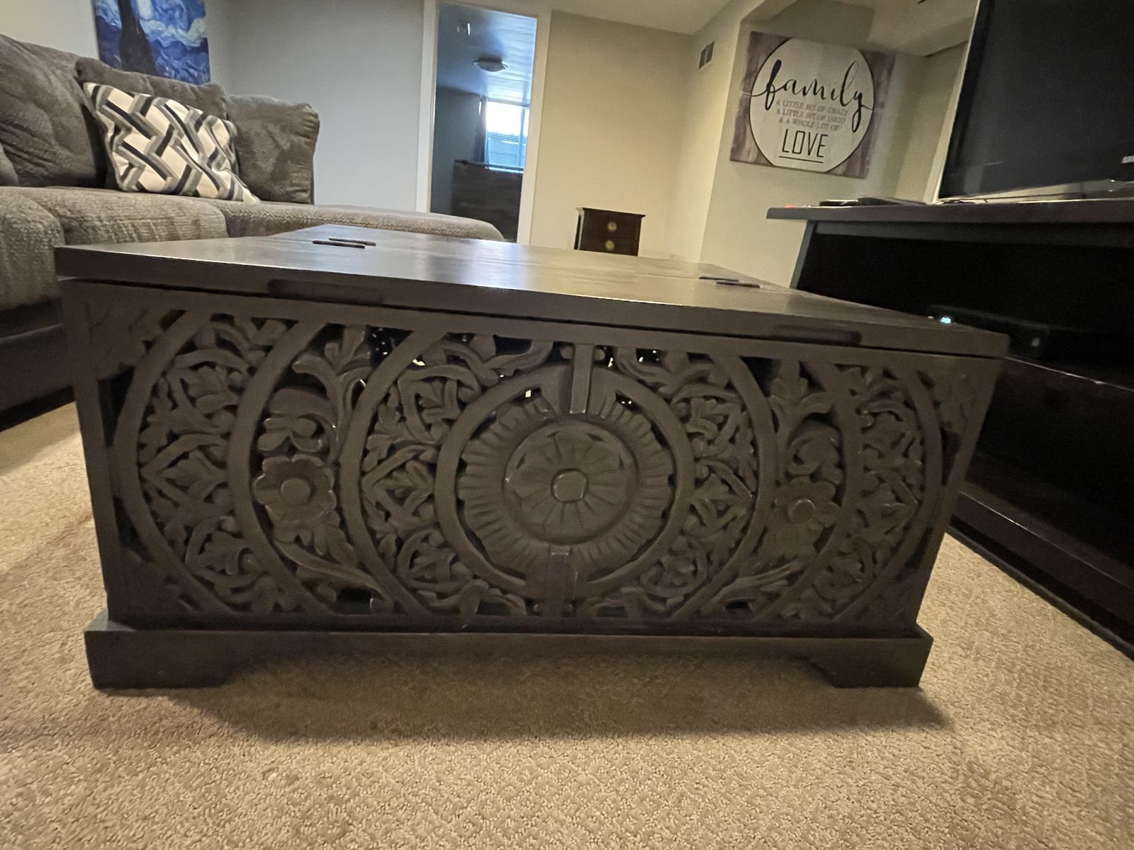 Hand-Carved Storage Coffee Table – Like New