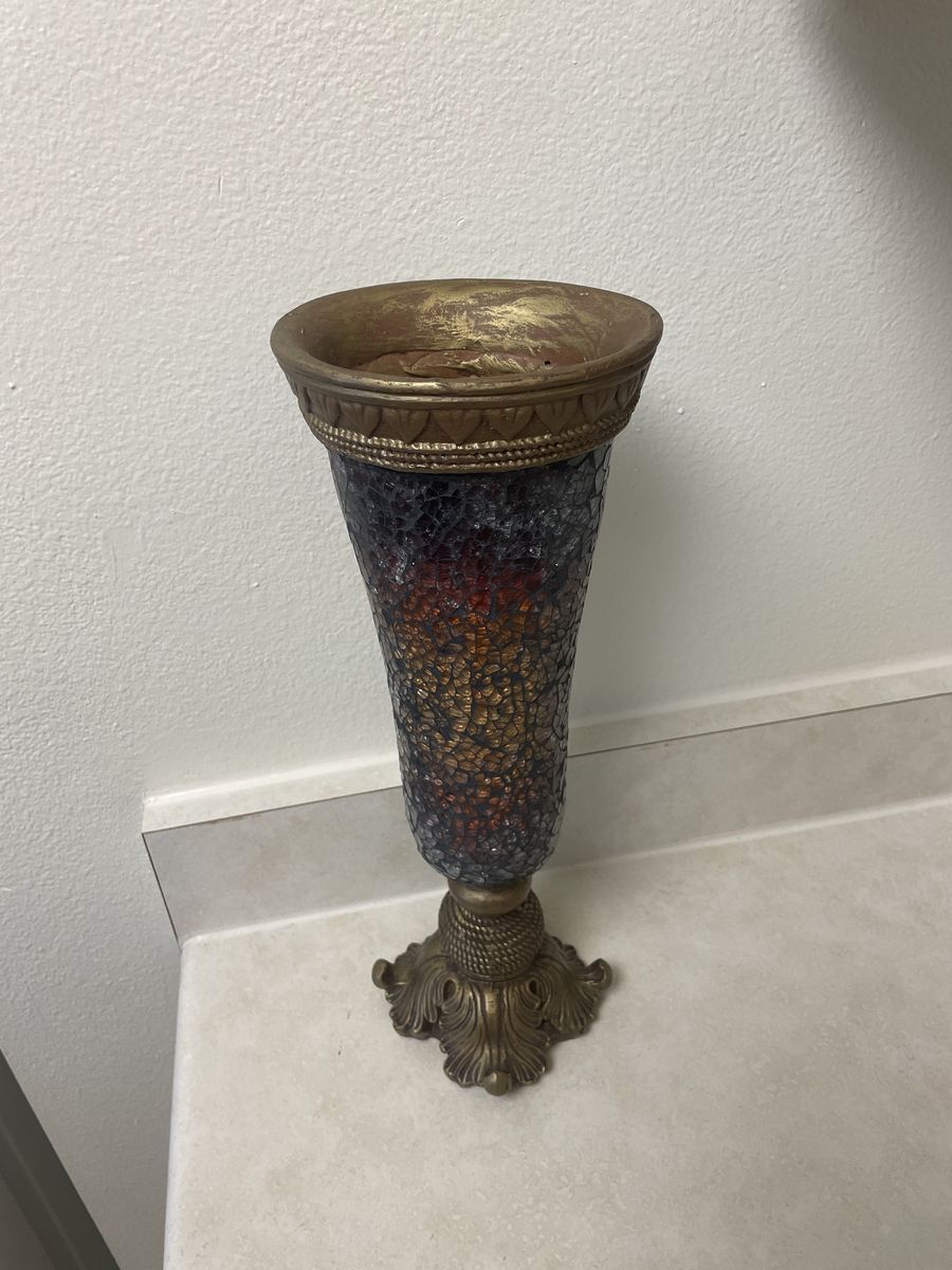Vintage Mosaic Amber Glass & Bronze Embossed Vase Home Decor 13" Tall