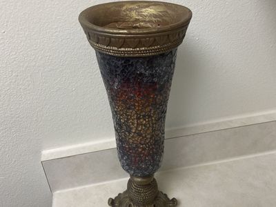 Vintage Mosaic Amber Glass & Bronze Embossed Vase Home Decor 13" Tall