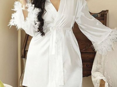 White Satin Bridal Robe with Feather Trim Sleeves & "Bride" Embroidery