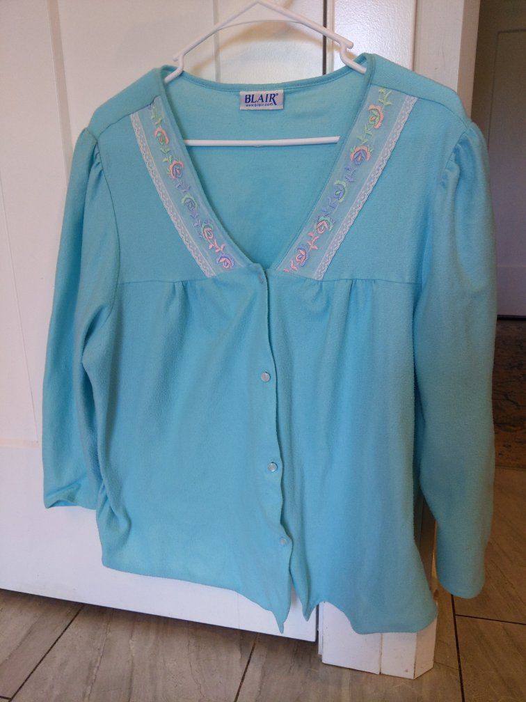 Vintage 90s Blair Blue Housecoat or pajama top with Embroidered Trim - Size Large (L)