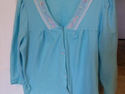 Vintage 90s Blair Blue Housecoat or pajama top with Embroidered Trim - Size Large (L)