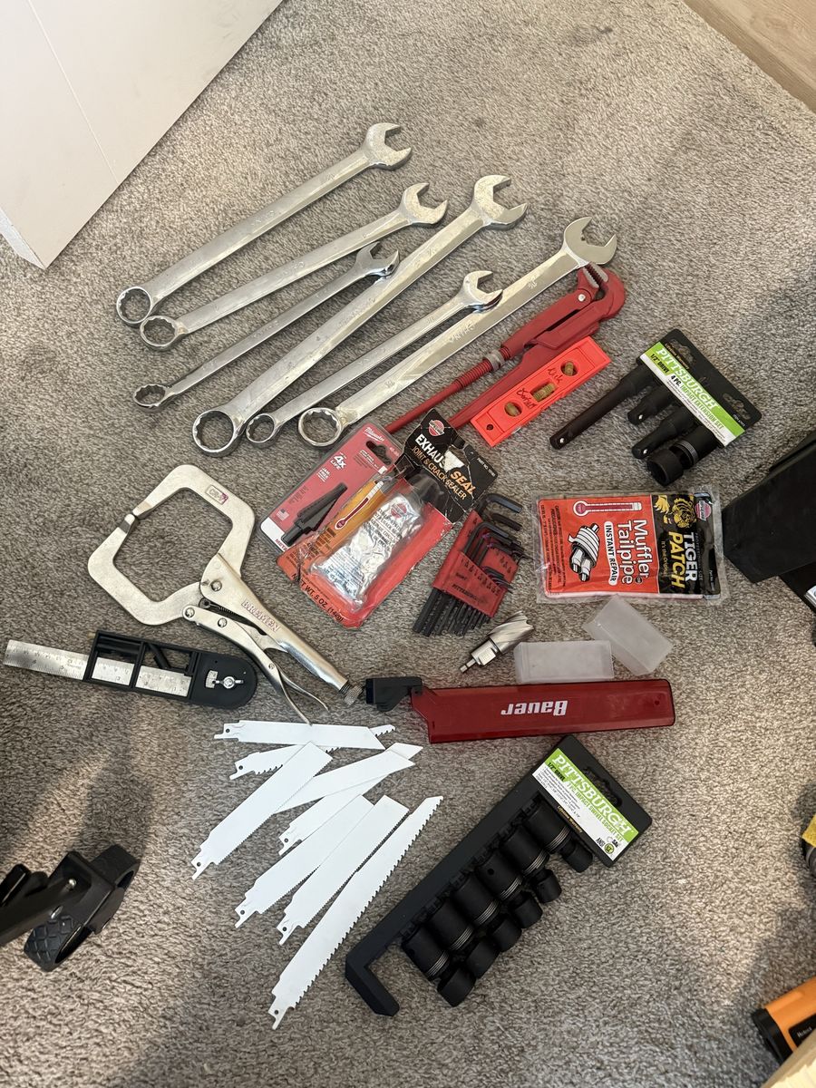 Assorted Hand Tools Lot and tool box - Pittsburgh Impact Sockets, Wrenches, Blades & Accessories