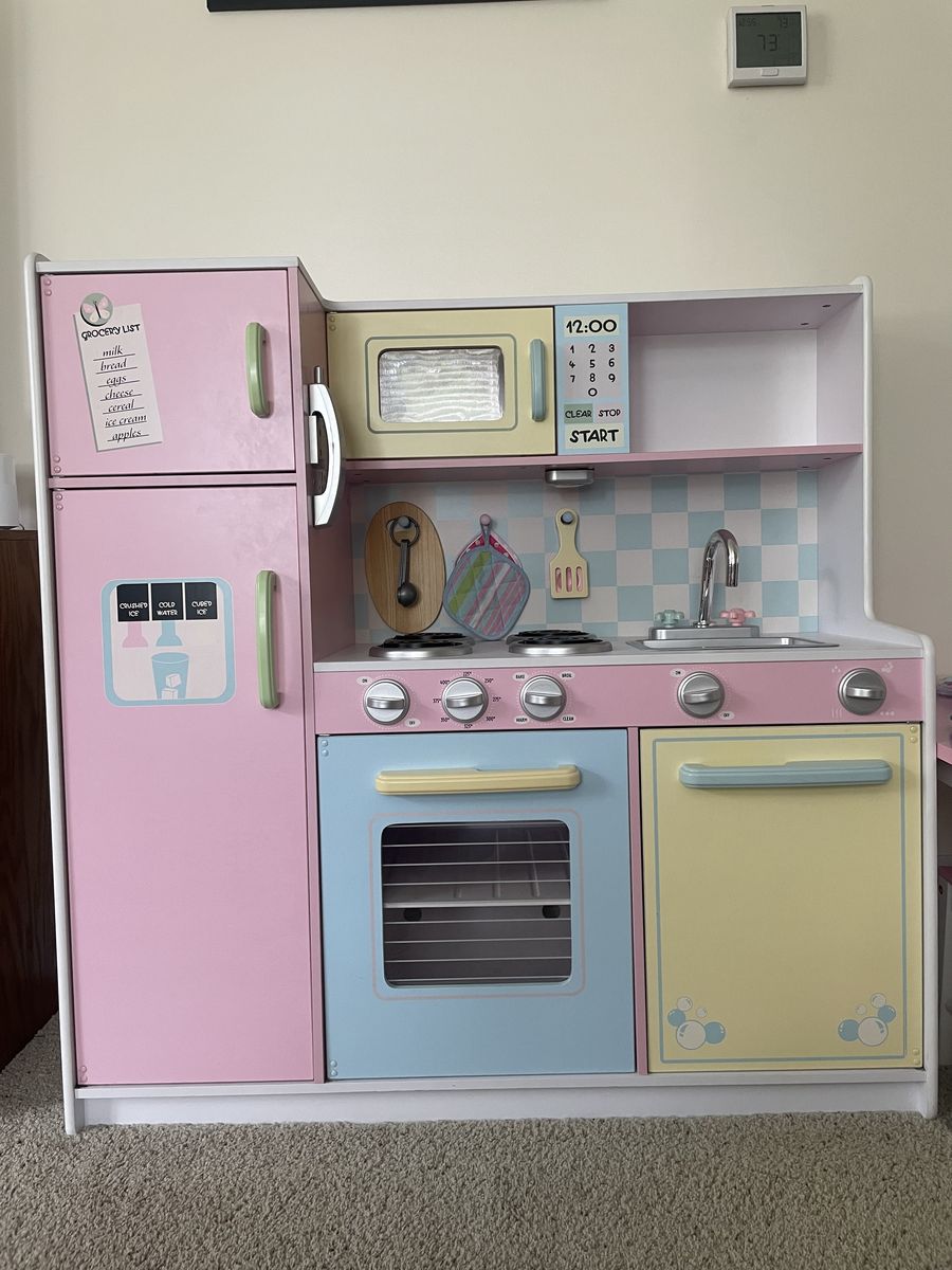 Large Wooden Play Kitchen Set with Refrigerator, Oven, Microwave, & Accessories - Used Condition