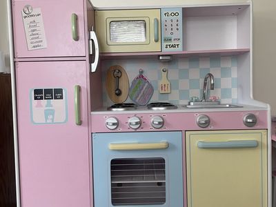 Large Wooden Play Kitchen Set with Refrigerator, Oven, Microwave, & Accessories - Used Condition