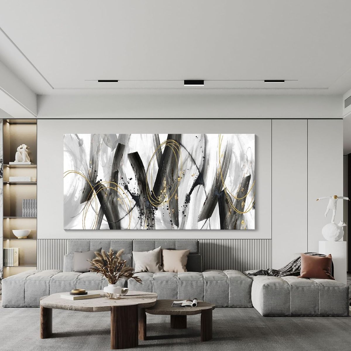 NEW 24x48 Abstract Wall Art Black White Gold Modern Canvas Print Large Panoramic Artwork