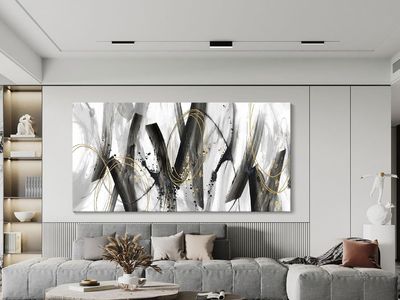 NEW 24x48 Abstract Wall Art Black White Gold Modern Canvas Print Large Panoramic Artwork