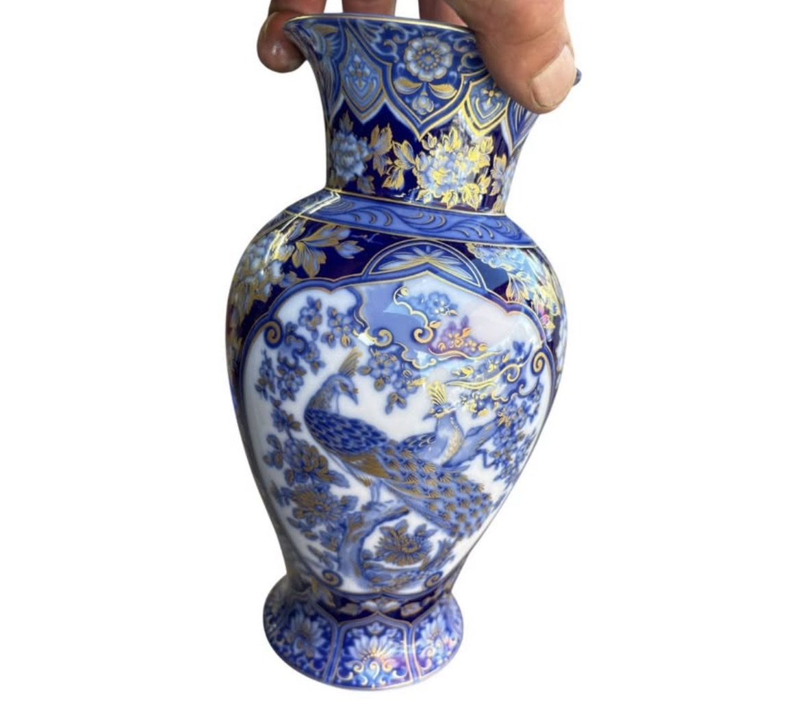 Blue and White Ceramic Vase with Peacock and Gold Accents
