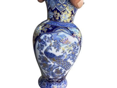 Blue and White Ceramic Vase with Peacock and Gold Accents