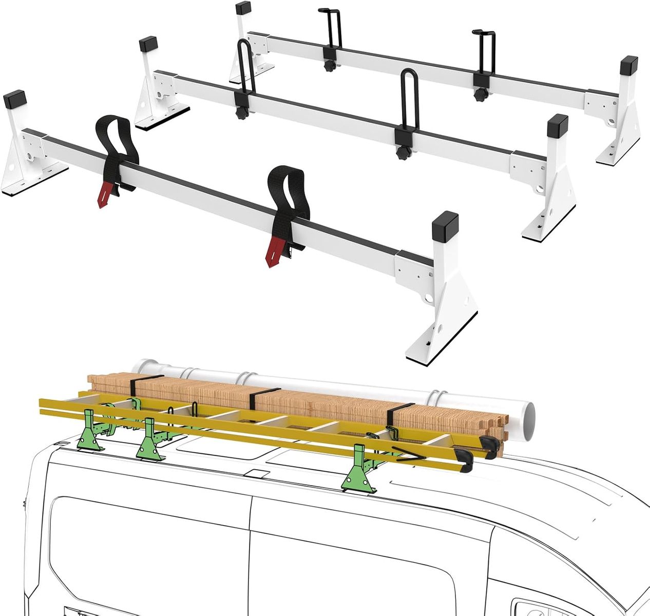2015-on Ford Transit 150 250 350- 54" Van Ladder Rack, White, 3 Bars, 800lbs