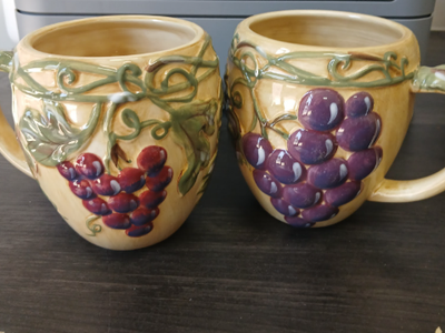 Noble Excellence Meritage Set of 2 Ceramic Grapevine Mugs - Hand-Painted Relief Design-Fragiles