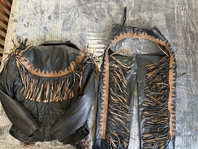 Vintage Black Leather Fringed Jacket & Chaps Set - Brown Accents, Studs - Biker Western