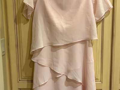 Light Pink Layered Chiffon Formal Dress Short Sleeve Midi