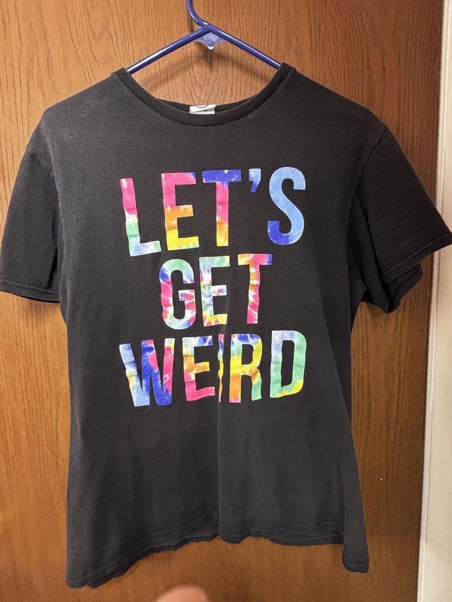 Delta Pro Weight "Let's Get Weird" Black T-Shirt with Tie-Dye Lettering - Adult Size M, 100% Cotton