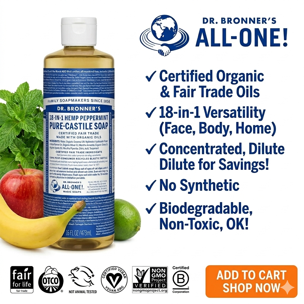 Dr. Bronners Bulk Case of 12 Peppermint Pure-Castile Organic Fair Trade Cleanse