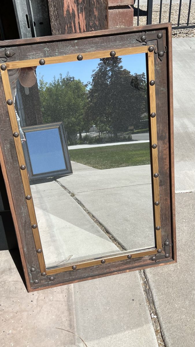Rustic Wood Framed Wall Mirror with Metal Accents 24” x 36”