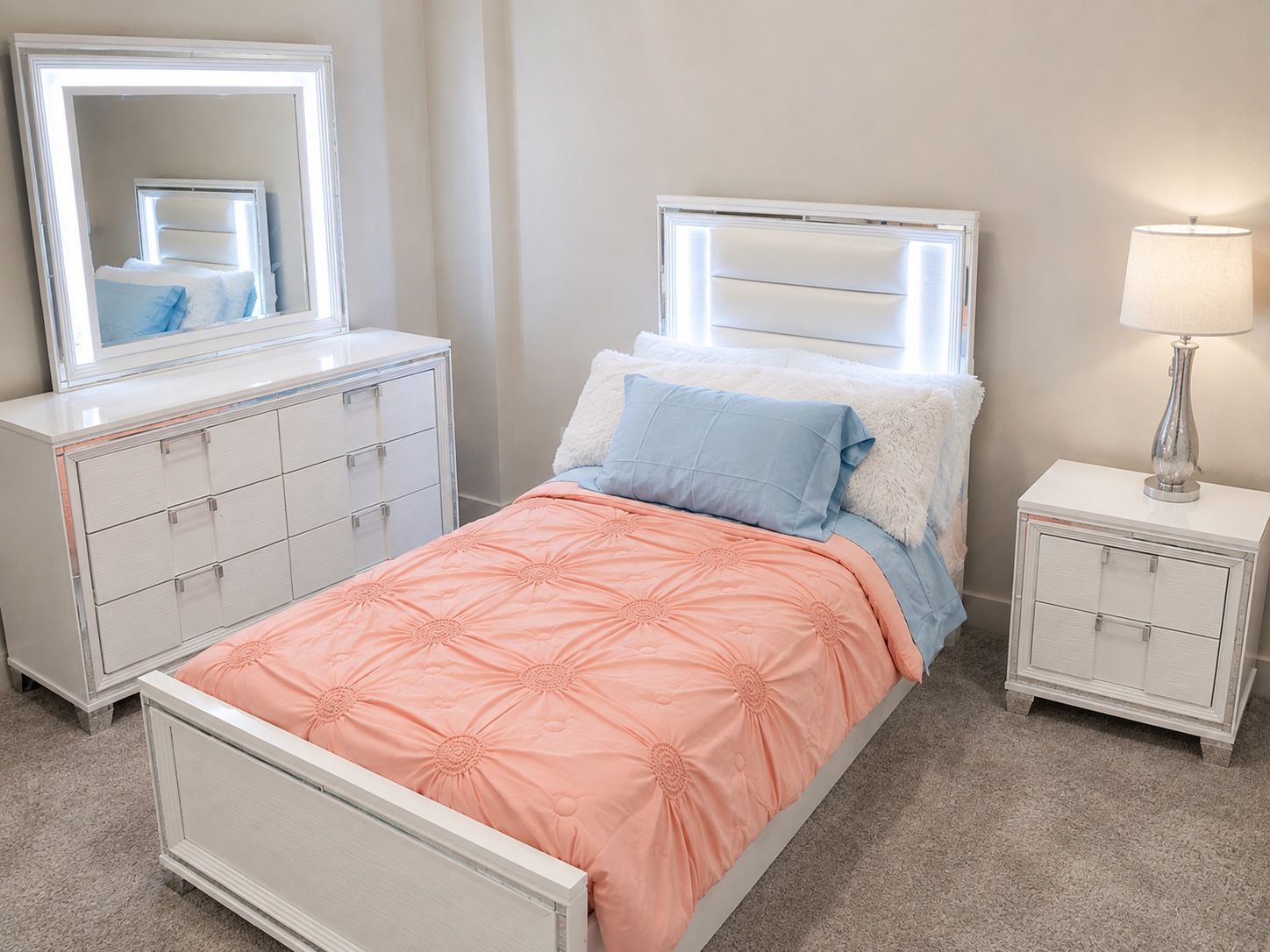 Luxury White Glam LED Bedroom Set – Lighted Headboard + Dresser, Mirror & Nightstand