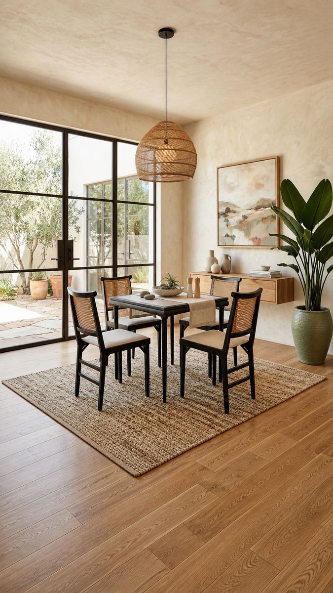 Vintage Mid Century 1963 5-Piece Folding Ebonized Wood & Natural Cane Dining Set w/White Vinyl Upholstered Seats by Leg-O-Matic