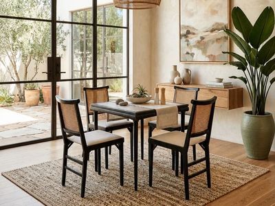 Vintage Mid Century 1963 5-Piece Folding Ebonized Wood & Natural Cane Dining Set w/White Vinyl Upholstered Seats by Leg-O-Matic