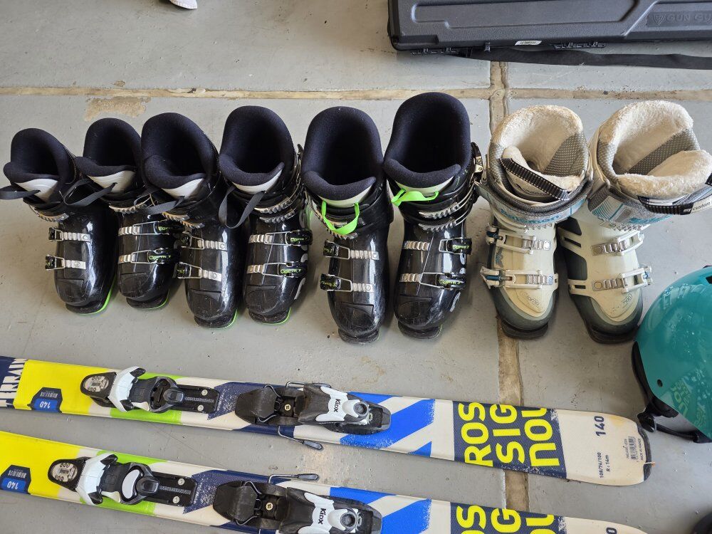 skis, boots, helmets