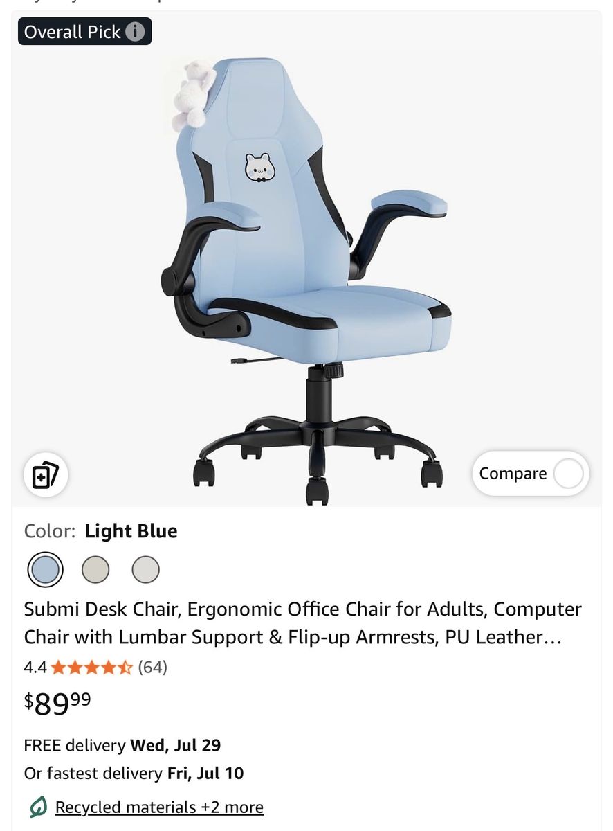 Submi Ergonomic Light Blue PU Leather Office/Desk Chair w/ Lumbar Support & Flip-up Armrests