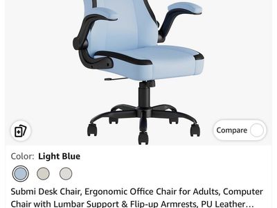 Submi Ergonomic Light Blue PU Leather Office/Desk Chair w/ Lumbar Support & Flip-up Armrests