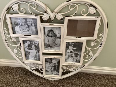 Shabby Chic White Heart Multi-Photo Frame - Holds 6 Photos, Distressed Finish. Metal.