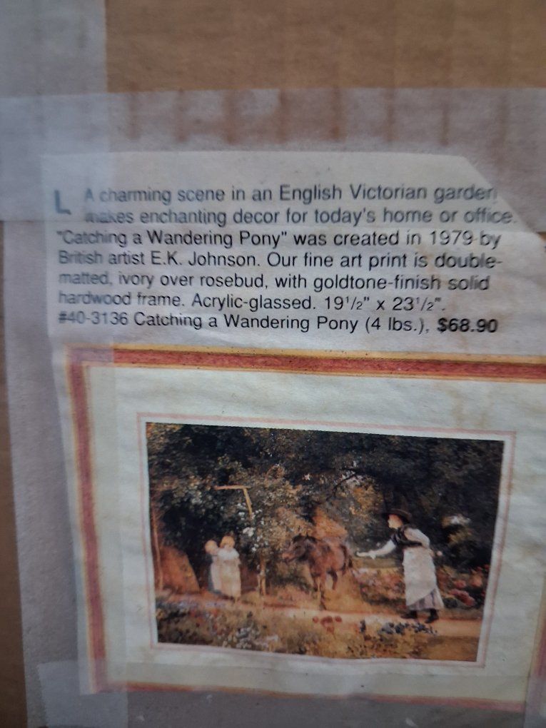 Vintage Framed Garden Scene Art Print with Horse and Children