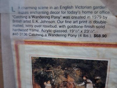 Vintage Framed Garden Scene Art Print with Horse and Children