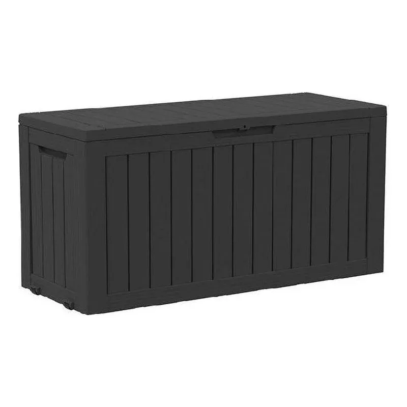 New in Box! 72-Gallon Weatherproof Outdoor Storage Box with Woodgrain Finish - Black Resin Outdoor Storage Multiple Available