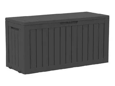 New in Box! 72-Gallon Weatherproof Outdoor Storage Box with Woodgrain Finish - Black Resin Outdoor Storage Multiple Available