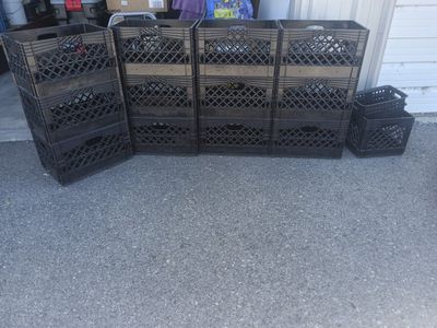Lot of 10 Used Black Milk Crates - Durable Plastic Storage Bins for Home, Shop, or Garden