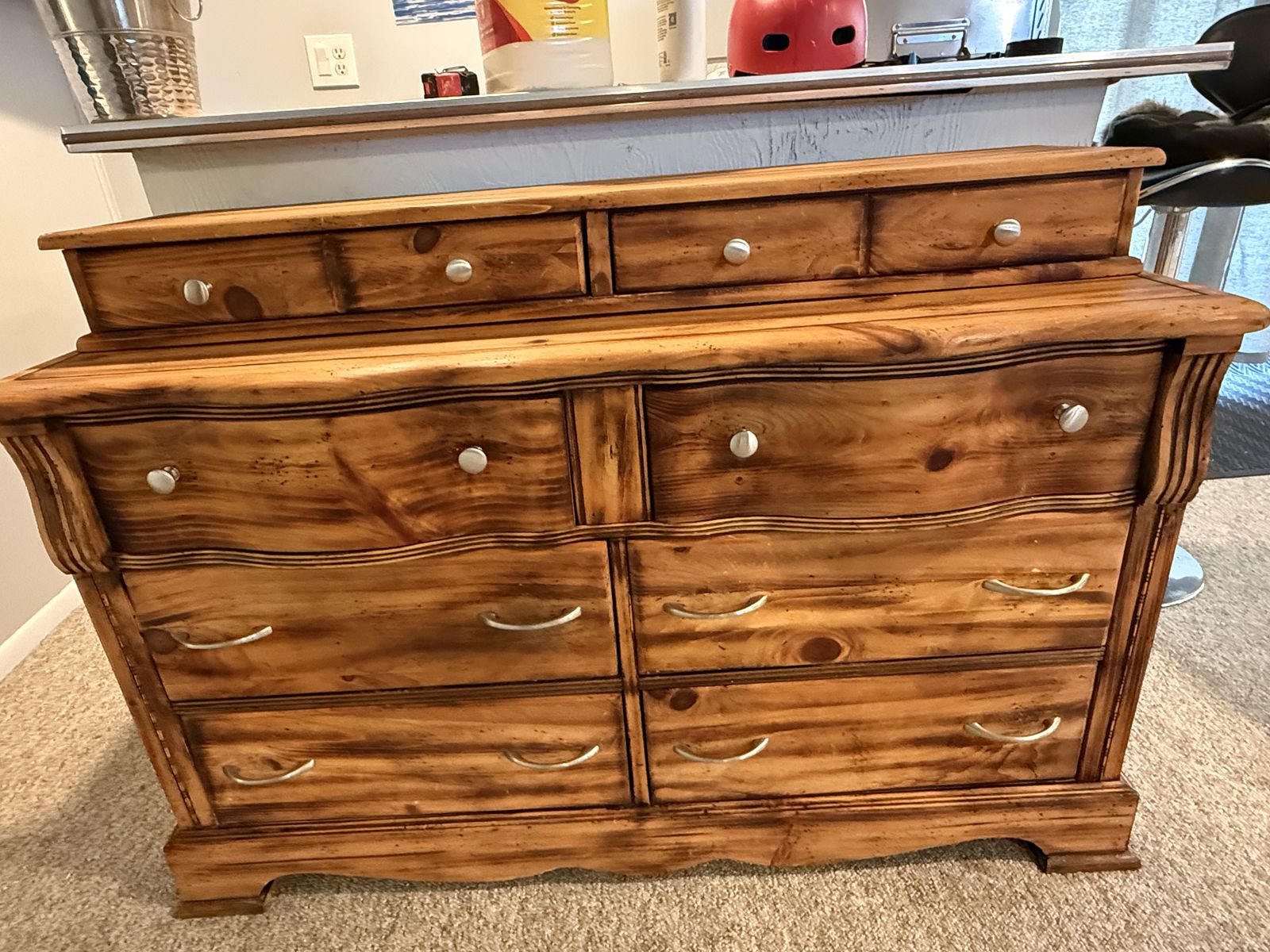 Rustic Wood Dresser with 8 Drawers & Detachable Top Storage, Silver Pulls