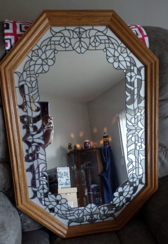 Octagon Wooden Frame Mirror with Faux Stained Glass Detail - 31 x 21 inches