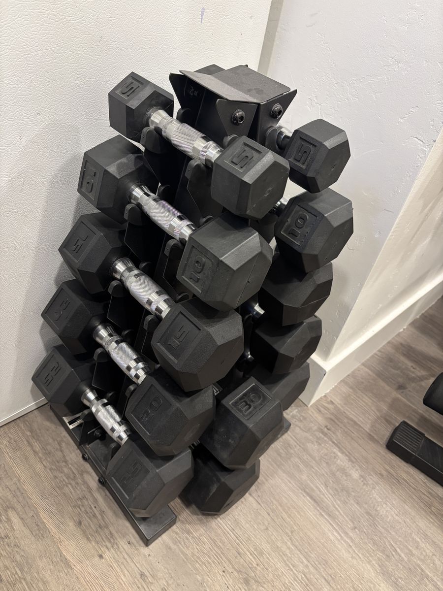 Dumbbells (5-30 set), bench, and kettlebell attachment