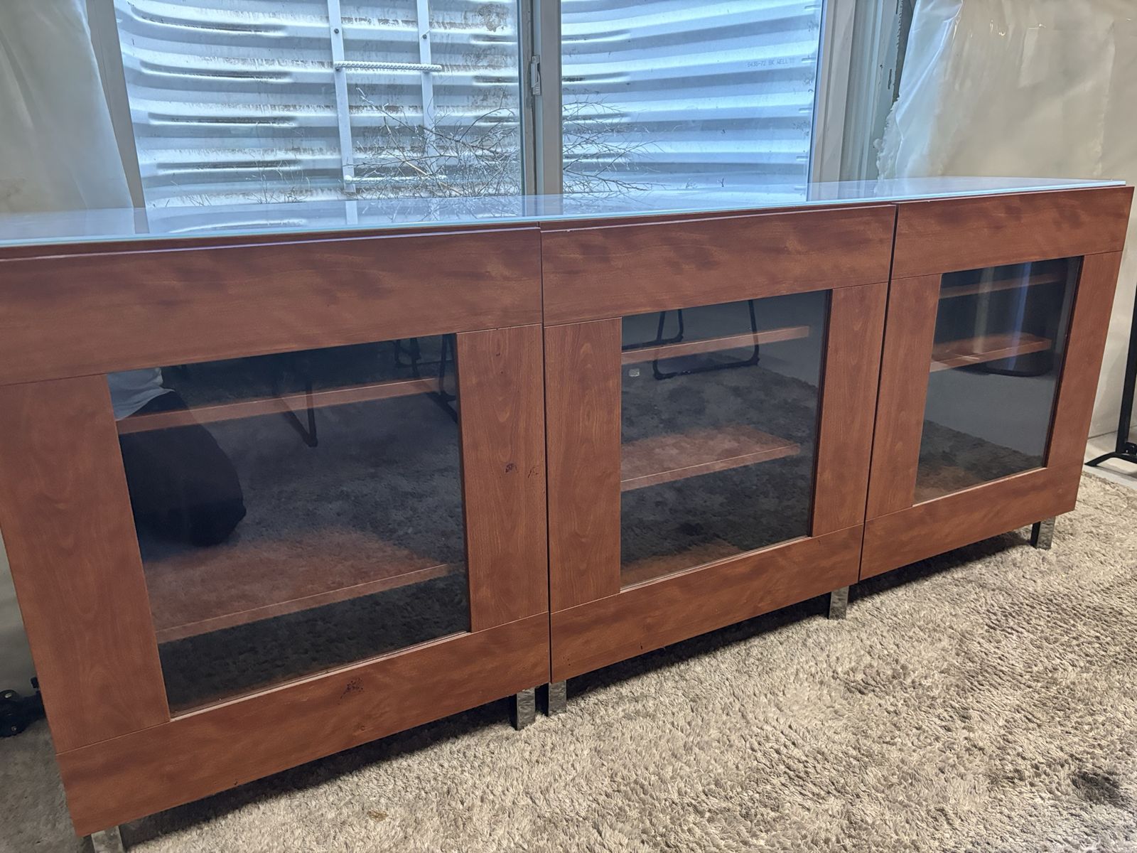 Cherry Wood and Glass Display Cabinet/Console Table with White Top