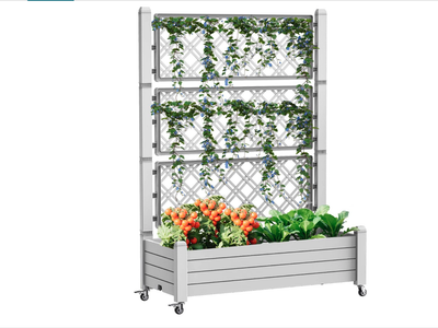 New in box, 64" Tall Raised Garden Bed,Outdoor Large Resin Planter Box with Trellis, light grey