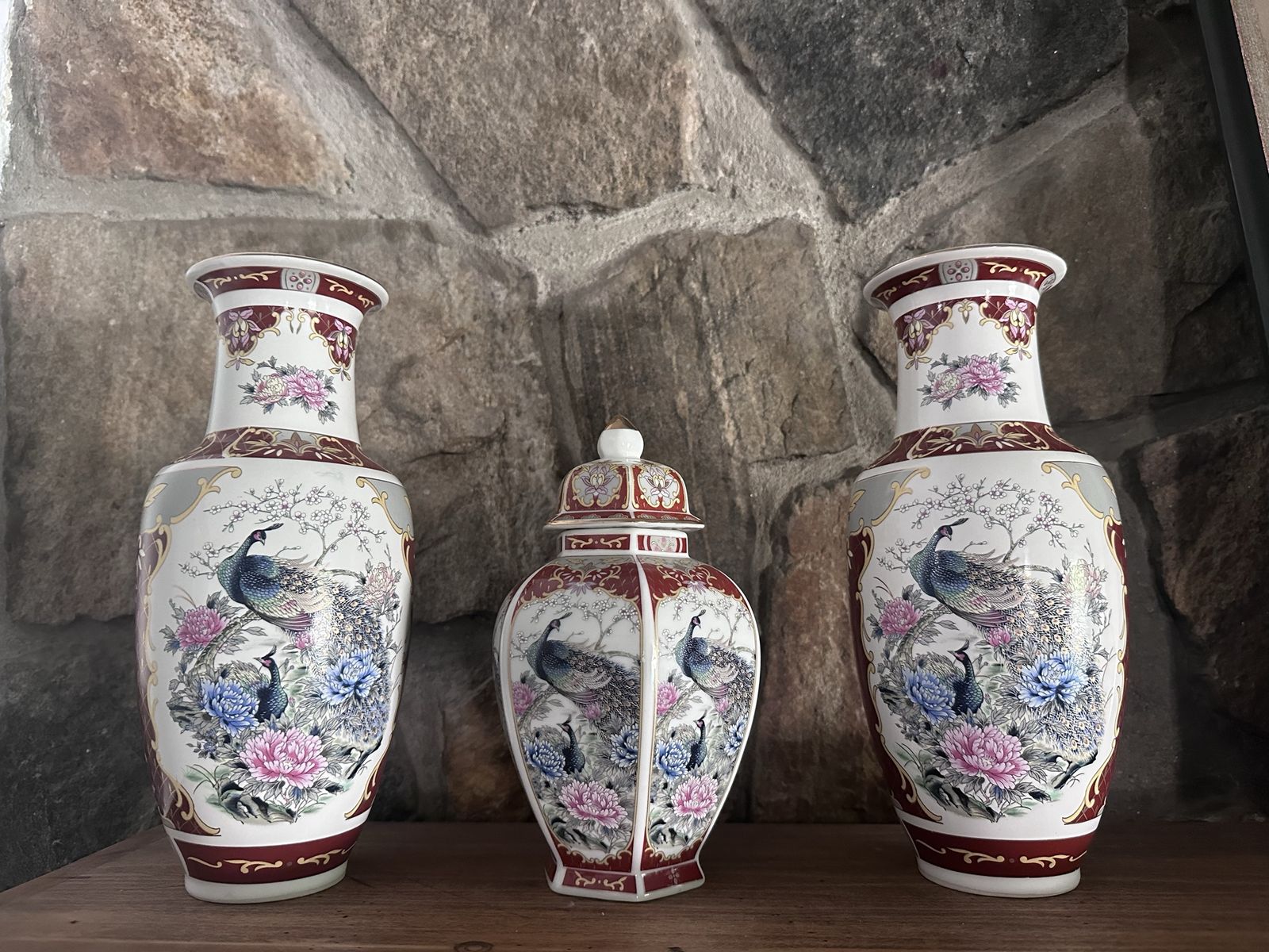 Vintage Japanese Porcelain Peacock Vase Set of 3