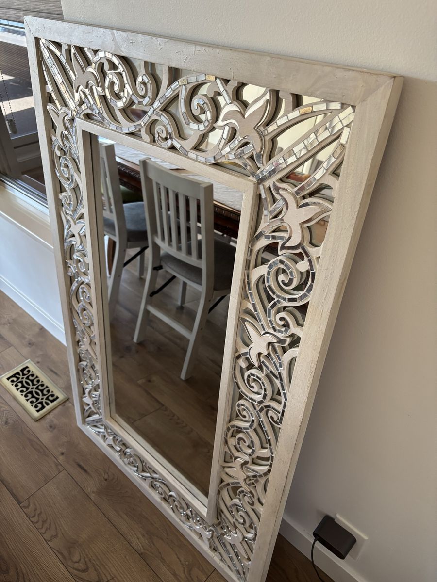 Ornate Carved Wood & Mirror Accent Wall Mirror - Rustic White Finish 47” x 32”