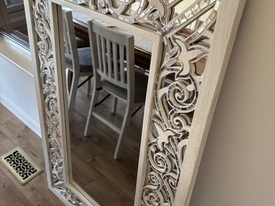 Ornate Carved Wood & Mirror Accent Wall Mirror - Rustic White Finish 47” x 32”