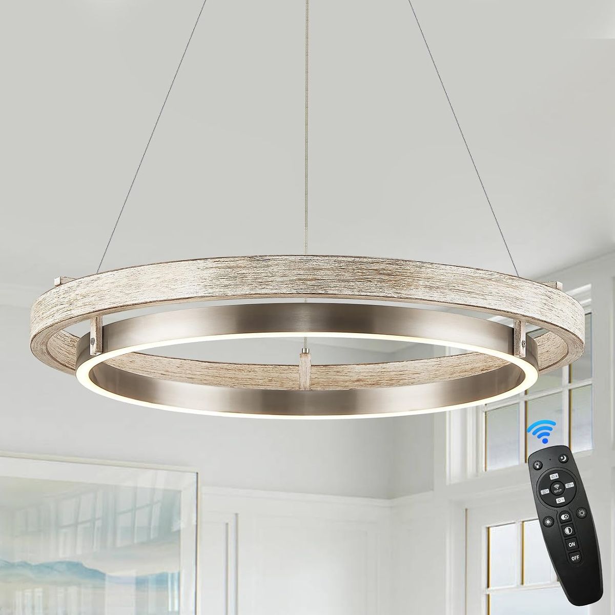 24" LED Ring Chandelier Weathered Wood Brushed Nickel Dimmable Chandelier w/ Remote