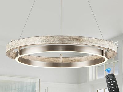 24" LED Ring Chandelier Weathered Wood Brushed Nickel Dimmable Chandelier w/ Remote
